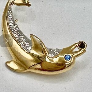 Gold Tone Dolphin Brooch with Rhinestone & Blue and Silver Accents